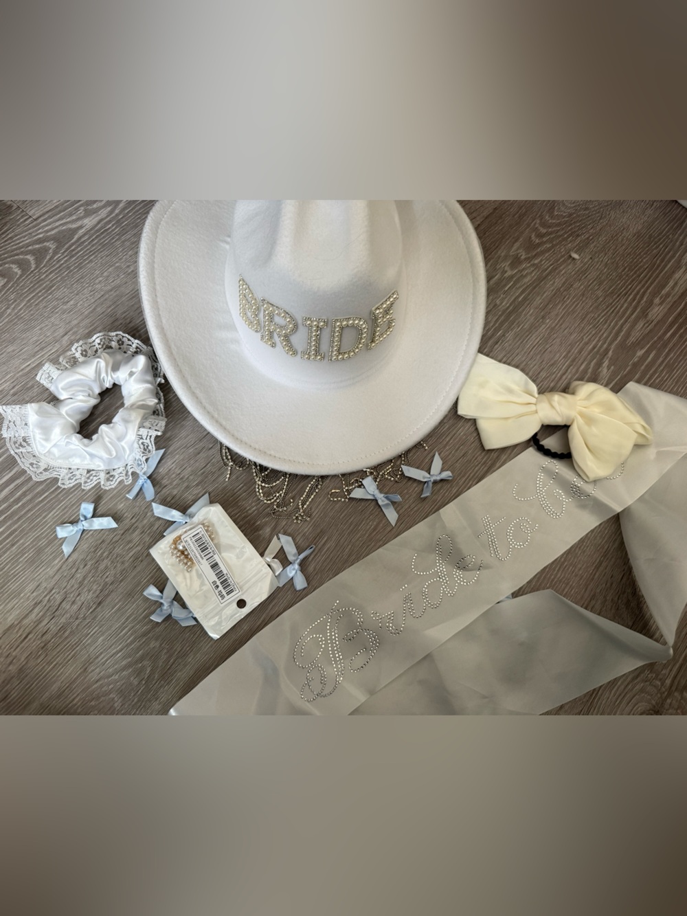 White 'Bride' Felt Party Hat with Rhinestone Accent and accessories